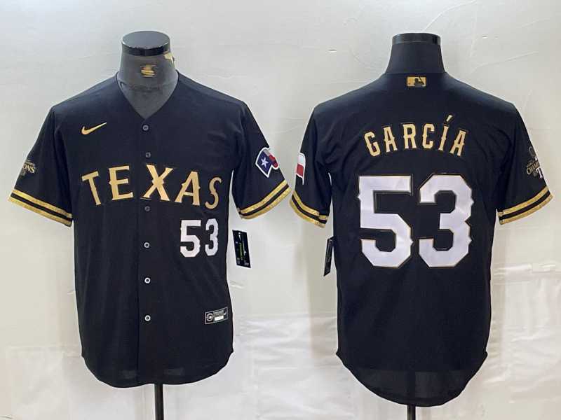 Mens Texas Rangers #53 Adolis Garcia Black Gold Cool Base Stitched Baseball Jersey